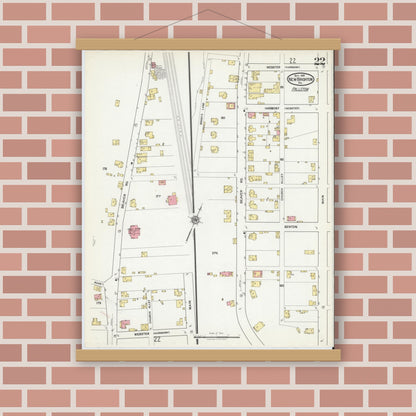 Old map wall art mockup — magnetic wood frame on brick wall — Sanborn Fire Insurance Map from New Brighton, Beaver County, Pennsylvania (1918), Sheet #0022