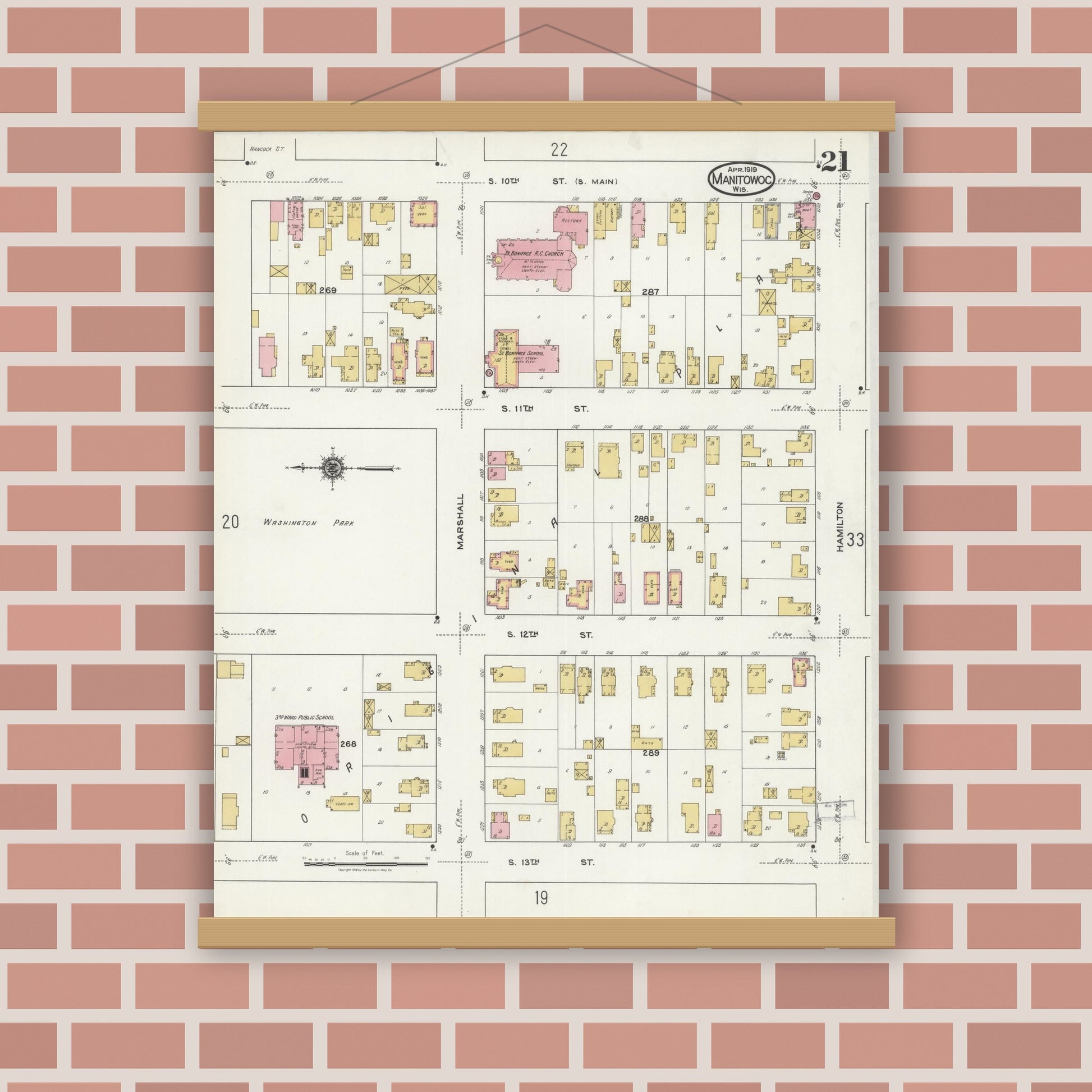 Old map wall art mockup — magnetic wood frame on brick wall — Sanborn Fire Insurance Map from Manitowoc, Manitowoc County, Wisconsin (1919), Sheet #0021