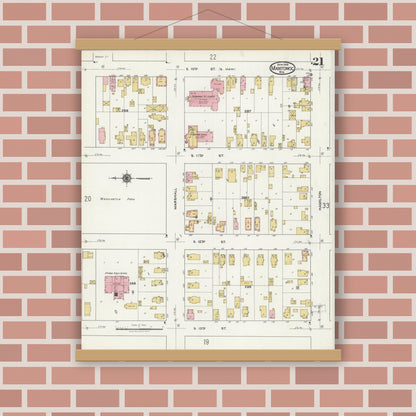Old map wall art mockup — magnetic wood frame on brick wall — Sanborn Fire Insurance Map from Manitowoc, Manitowoc County, Wisconsin (1919), Sheet #0021