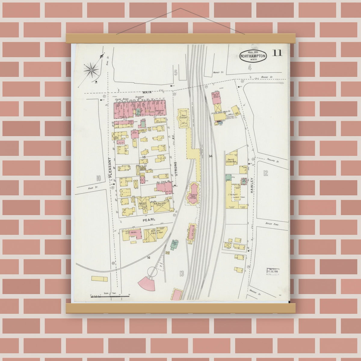 Old map wall art mockup — magnetic wood frame on brick wall — Sanborn Fire Insurance Map from Northampton, Hampshire County, Massachusetts (1895), Sheet #0011