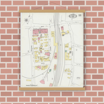 Old map wall art mockup — magnetic wood frame on brick wall — Sanborn Fire Insurance Map from Northampton, Hampshire County, Massachusetts (1895), Sheet #0011