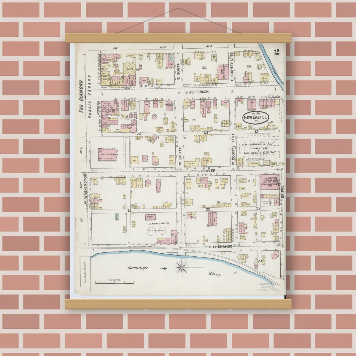 Old map wall art mockup — magnetic wood frame on brick wall — Sanborn Fire Insurance Map from New Castle, Lawrence County, Pennsylvania (1888), Sheet #0002