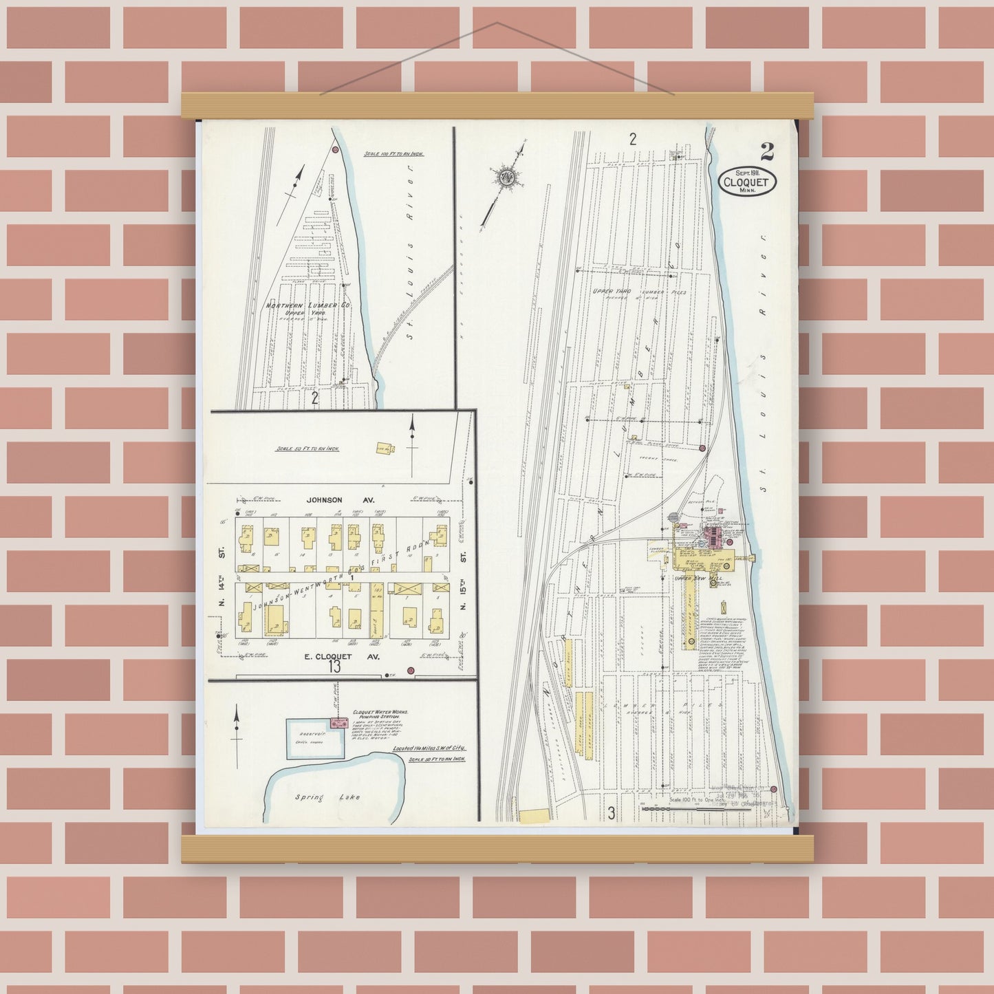 Old map wall art mockup — magnetic wood frame on brick wall — Sanborn Fire Insurance Map from Cloquet, Carlton County, Minnesota (1911), Sheet #0002