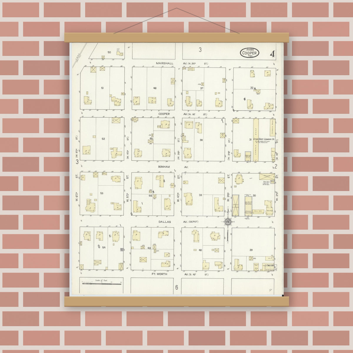 Old map wall art mockup — magnetic wood frame on brick wall — Sanborn Fire Insurance Map from Cooper, Delta County, Texas (1914), Sheet #0004