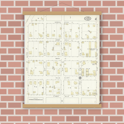 Old map wall art mockup — magnetic wood frame on brick wall — Sanborn Fire Insurance Map from Cooper, Delta County, Texas (1914), Sheet #0004