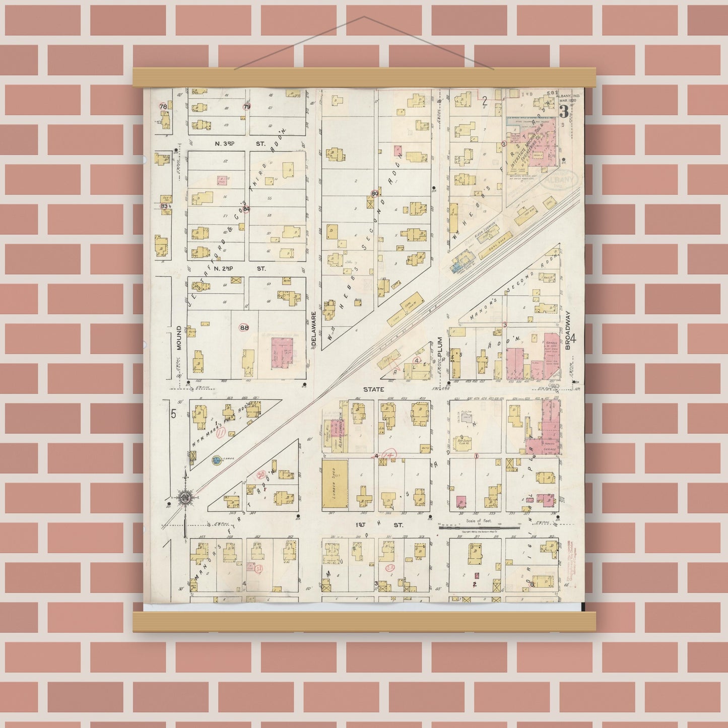 Old map wall art mockup — magnetic wood frame on brick wall — Sanborn Fire Insurance Map from Albany, Delaware County, Indiana (1943), Sheet #0003