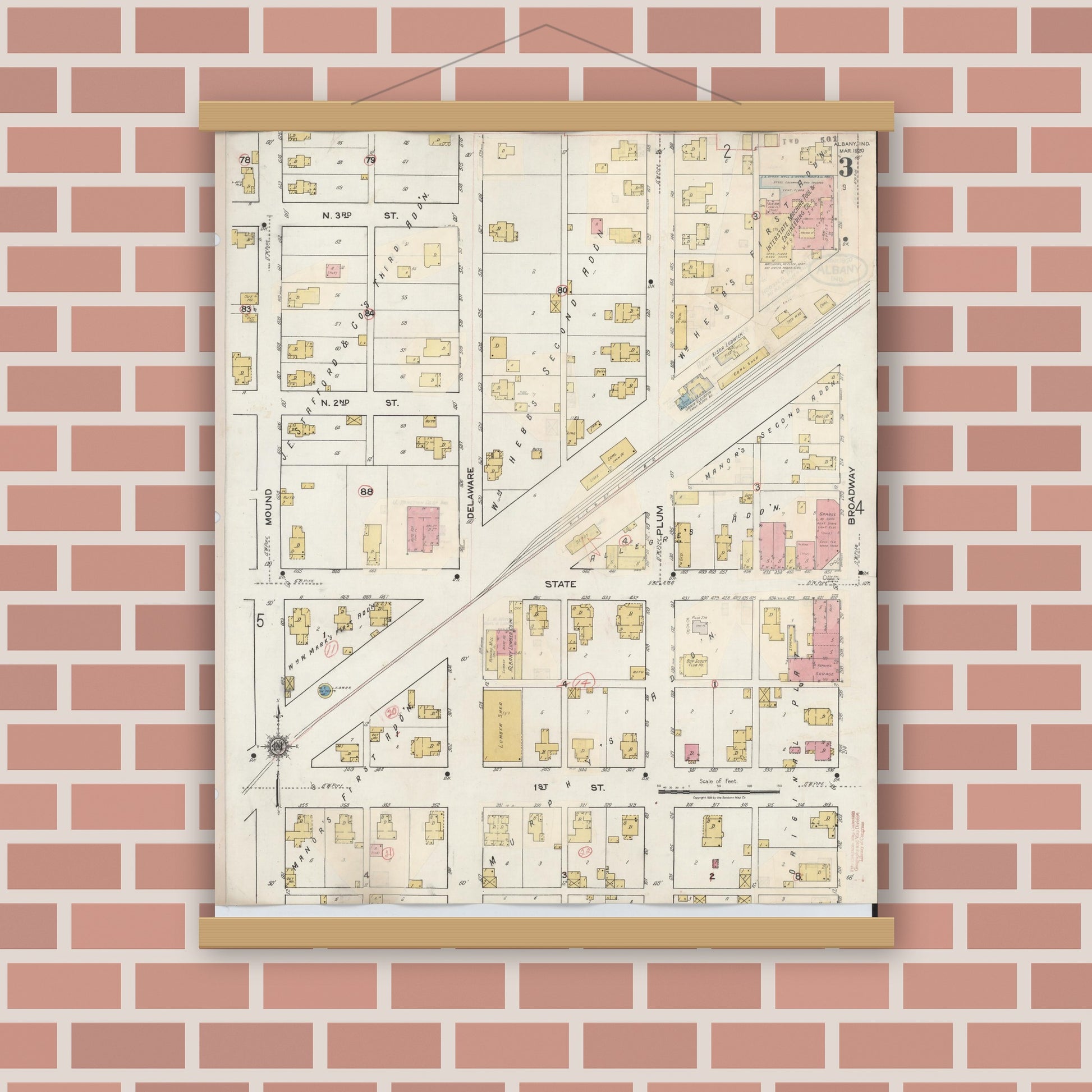 Old map wall art mockup — magnetic wood frame on brick wall — Sanborn Fire Insurance Map from Albany, Delaware County, Indiana (1943), Sheet #0003