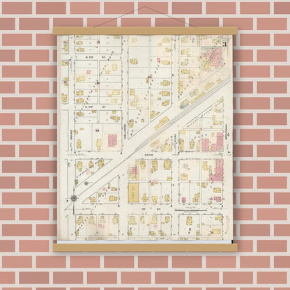 Old map wall art mockup — magnetic wood frame on brick wall — Sanborn Fire Insurance Map from Albany, Delaware County, Indiana (1943), Sheet #0003