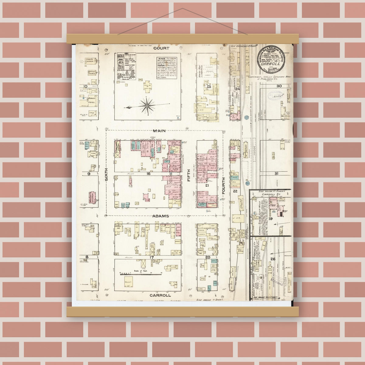 Old map wall art mockup — magnetic wood frame on brick wall — Sanborn Fire Insurance Map from Carroll, Carroll County, Iowa (1883), Sheet #0001