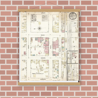 Old map wall art mockup — magnetic wood frame on brick wall — Sanborn Fire Insurance Map from Carroll, Carroll County, Iowa (1883), Sheet #0001