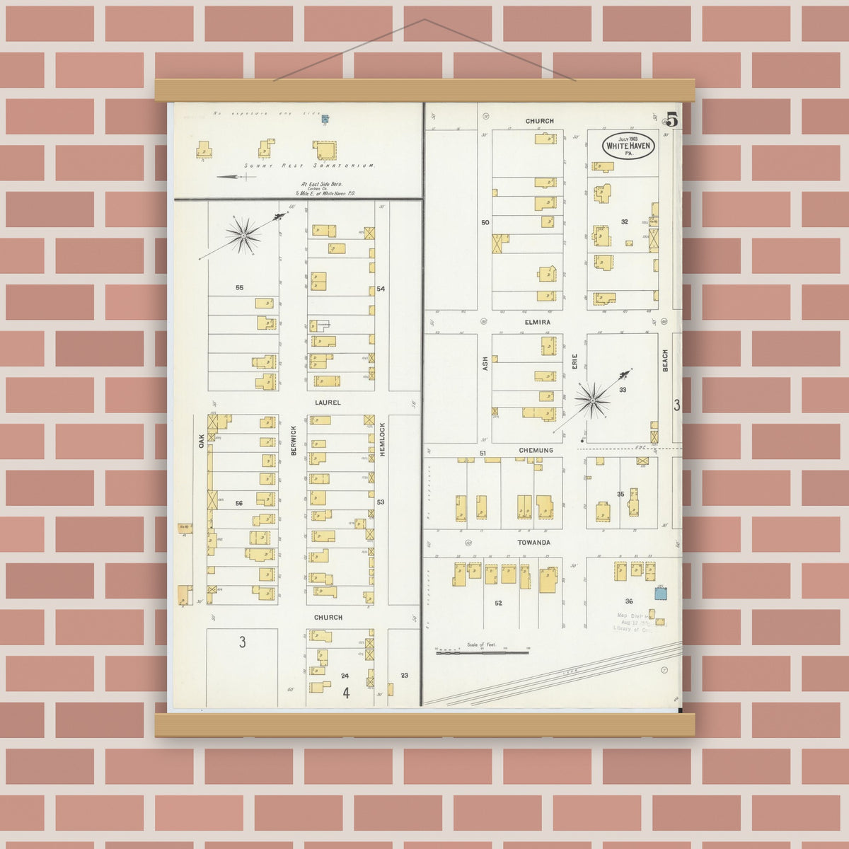 Old map wall art mockup — magnetic wood frame on brick wall — Sanborn Fire Insurance Map from White Haven, Luzerne County, Pennsylvania (1903), Sheet #0005