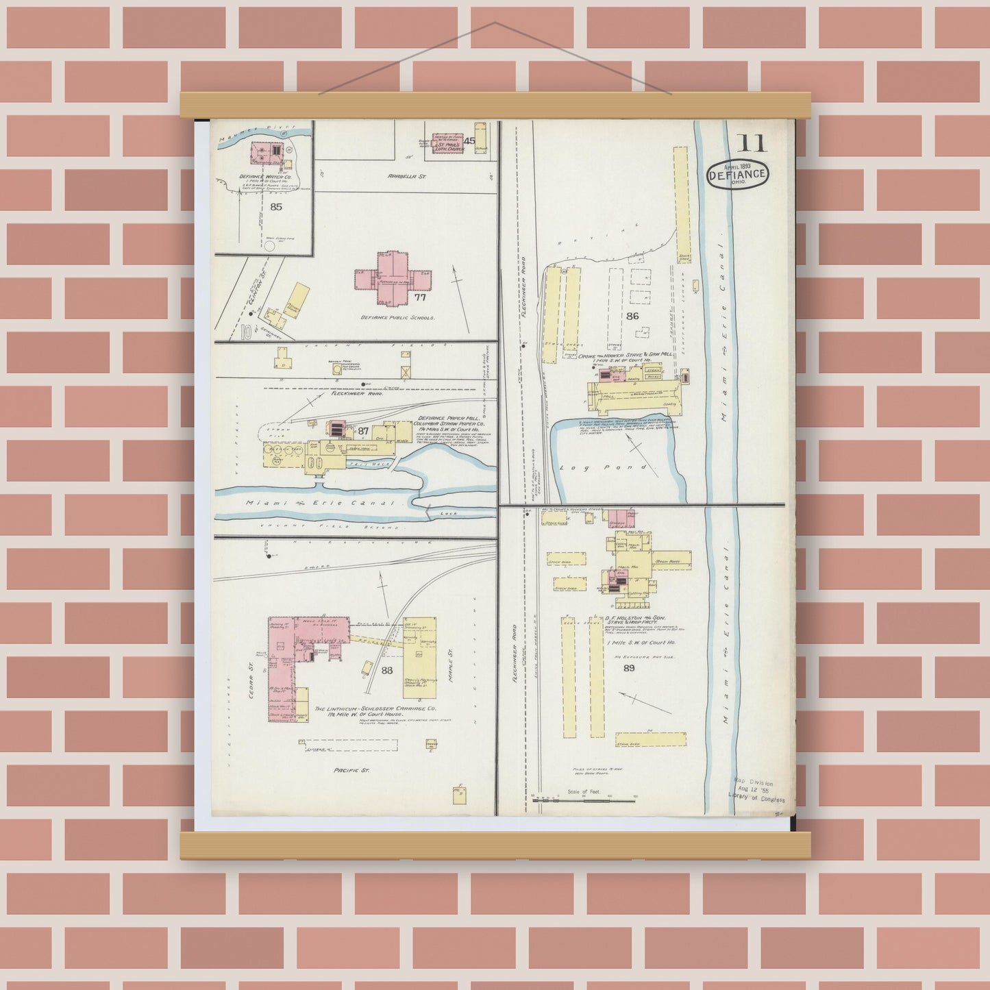 Old map wall art mockup — magnetic wood frame on brick wall — Sanborn Fire Insurance Map from Defiance, Defiance County, Ohio (1893), Sheet #0011