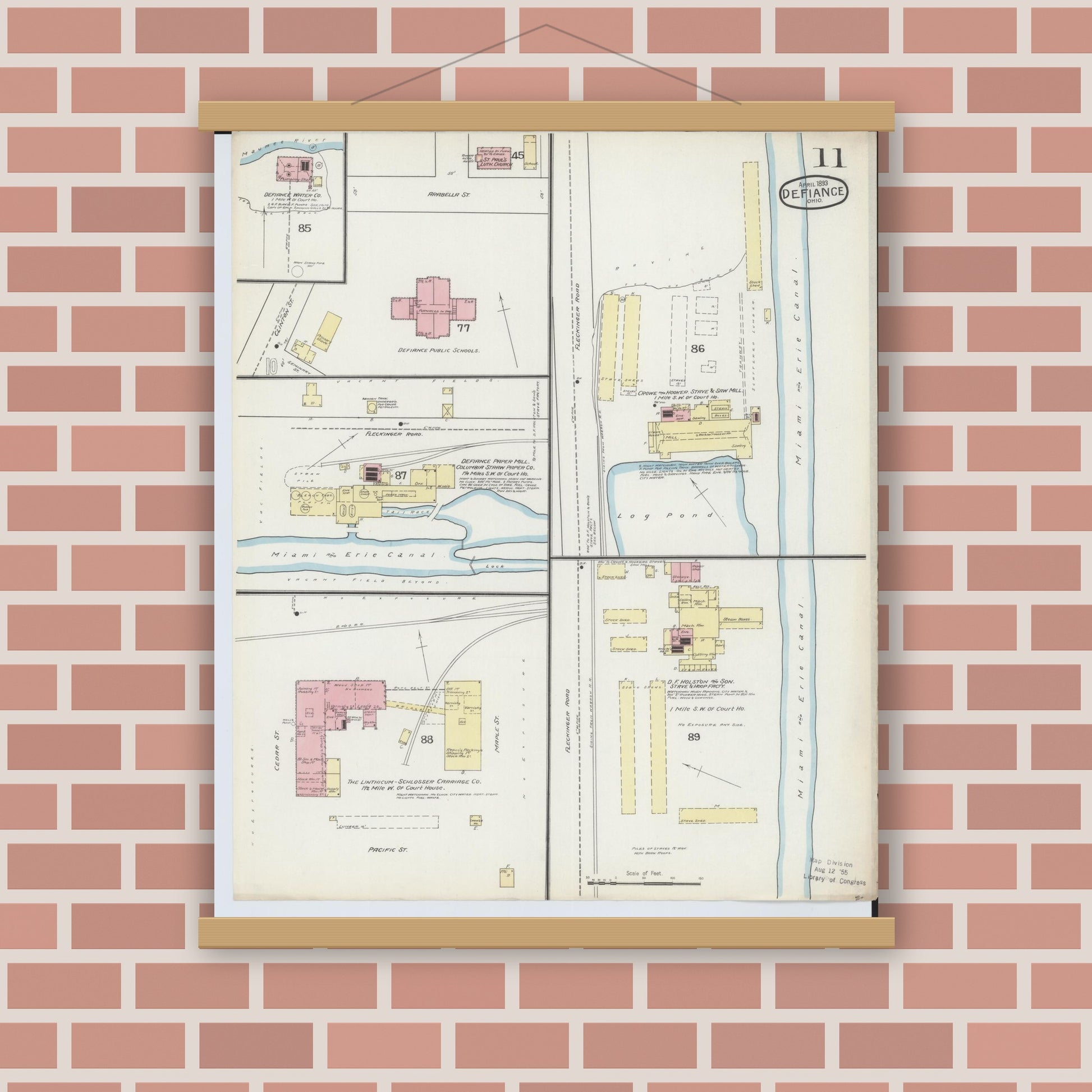 Old map wall art mockup — magnetic wood frame on brick wall — Sanborn Fire Insurance Map from Defiance, Defiance County, Ohio (1893), Sheet #0011