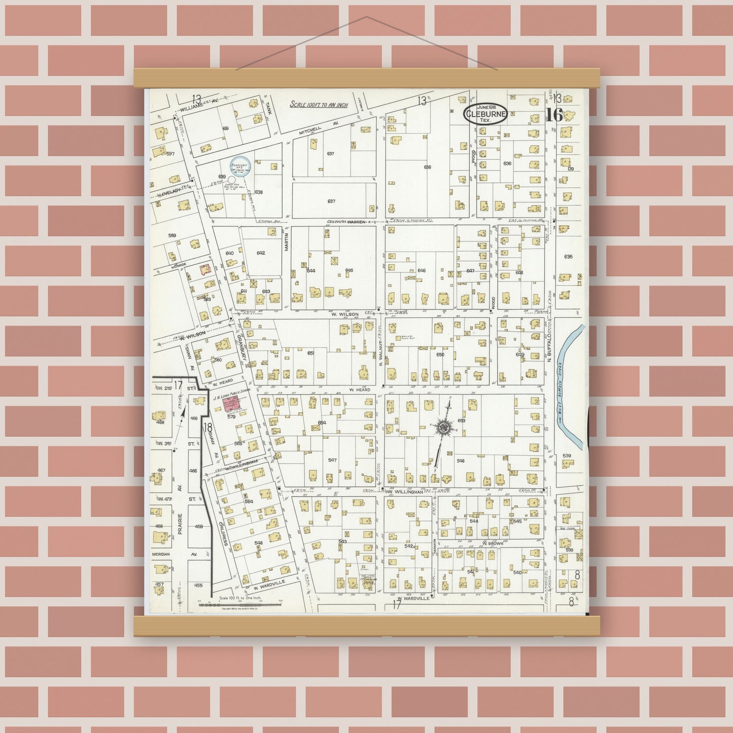 Old map wall art mockup — magnetic wood frame on brick wall — Sanborn Fire Insurance Map from Cleburne, Johnson County, Texas (1918), Sheet #0016