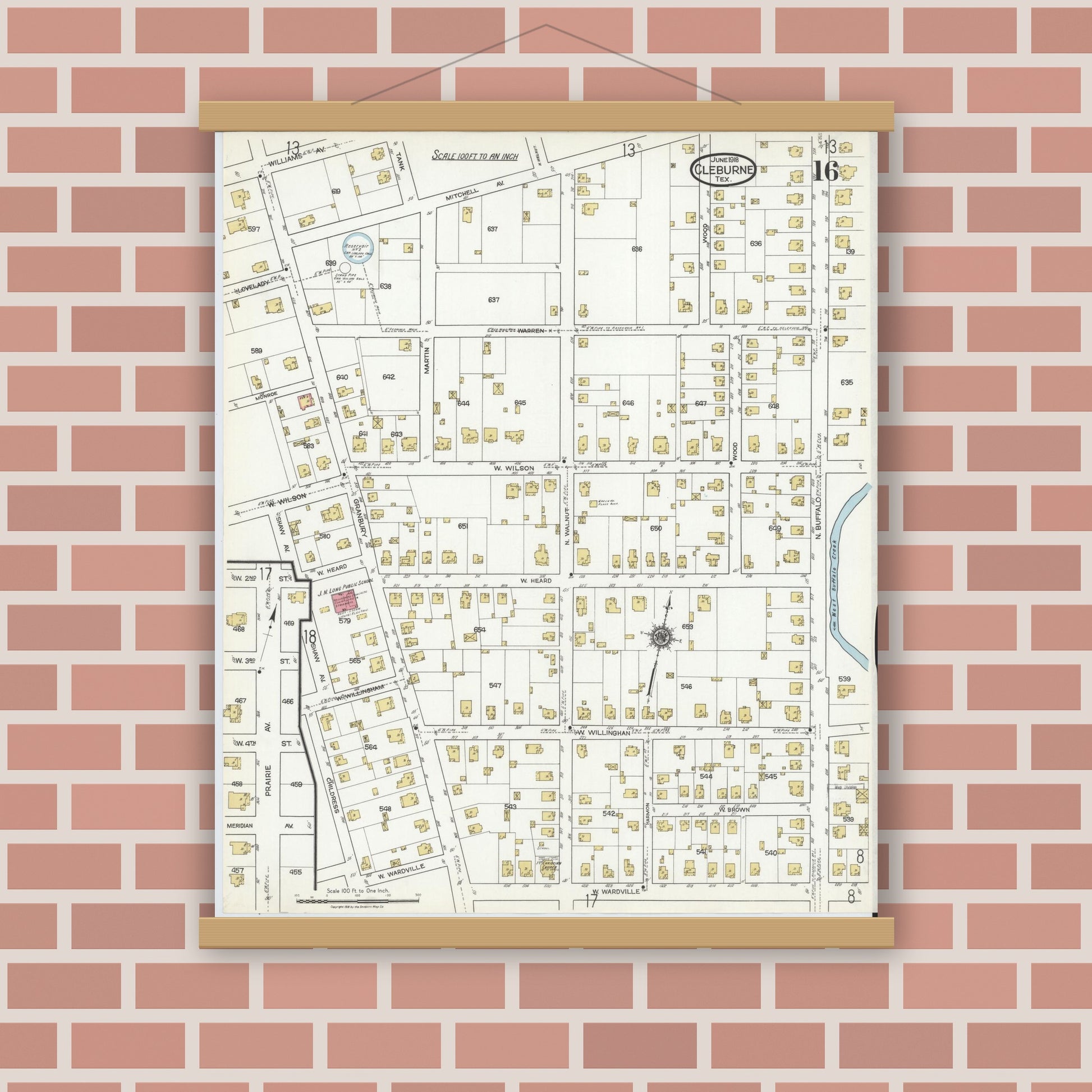 Old map wall art mockup — magnetic wood frame on brick wall — Sanborn Fire Insurance Map from Cleburne, Johnson County, Texas (1918), Sheet #0016