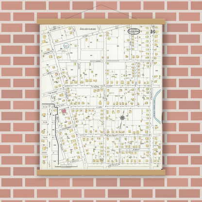 Old map wall art mockup — magnetic wood frame on brick wall — Sanborn Fire Insurance Map from Cleburne, Johnson County, Texas (1918), Sheet #0016