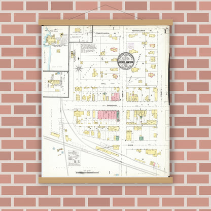 Old map wall art mockup — magnetic wood frame on brick wall — Sanborn Fire Insurance Map from Oxford Junction, Jones County, Iowa (1905), Sheet #0001