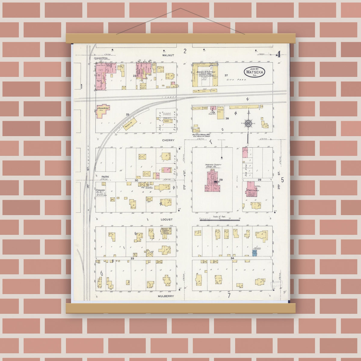 Old map wall art mockup — magnetic wood frame on brick wall — Sanborn Fire Insurance Map from Watseka, Iroquois County, Illinois (1911), Sheet #0004