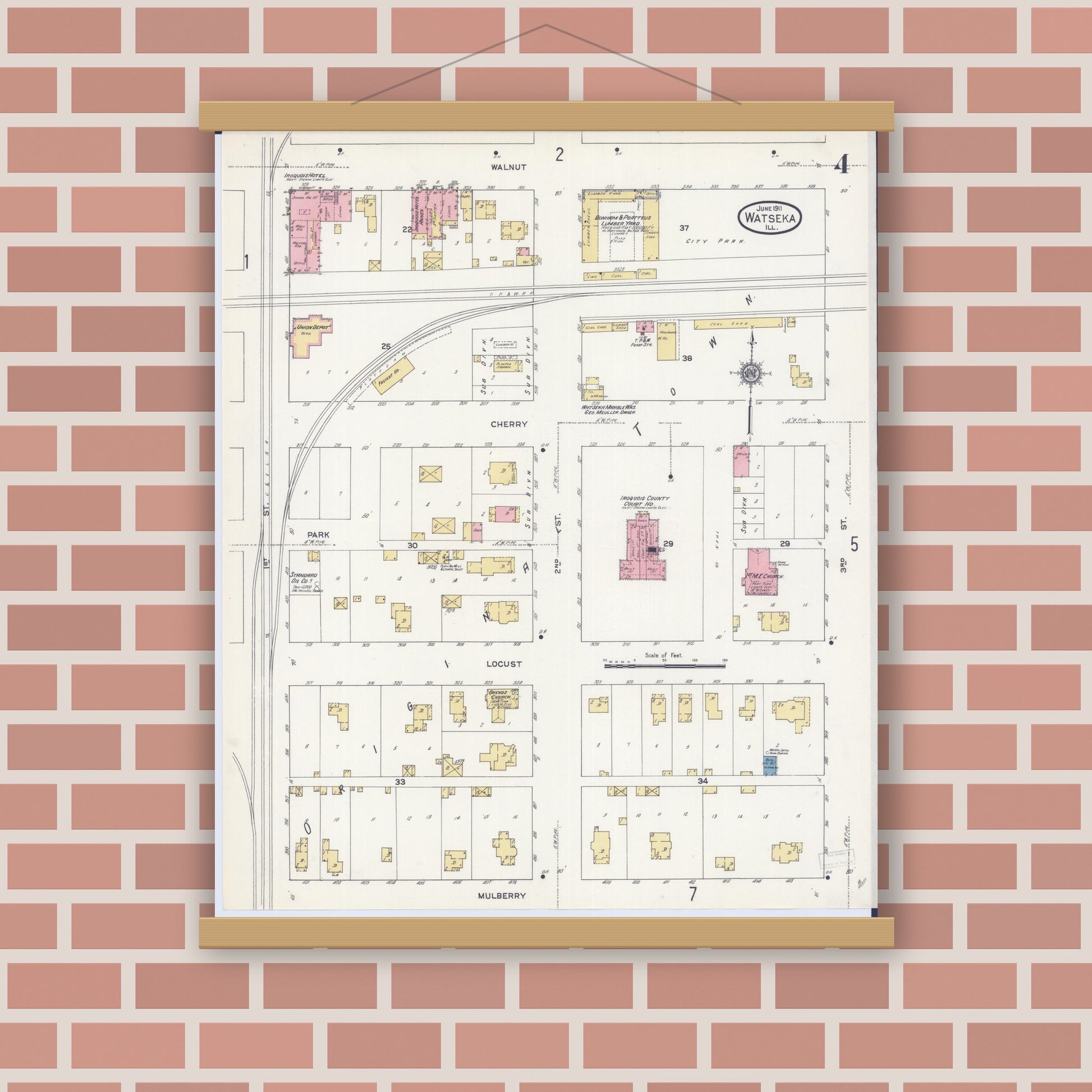 Old map wall art mockup — magnetic wood frame on brick wall — Sanborn Fire Insurance Map from Watseka, Iroquois County, Illinois (1911), Sheet #0004
