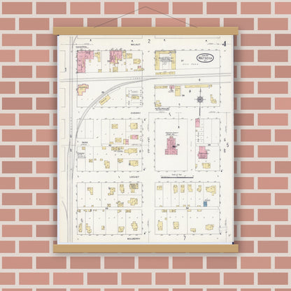 Old map wall art mockup — magnetic wood frame on brick wall — Sanborn Fire Insurance Map from Watseka, Iroquois County, Illinois (1911), Sheet #0004