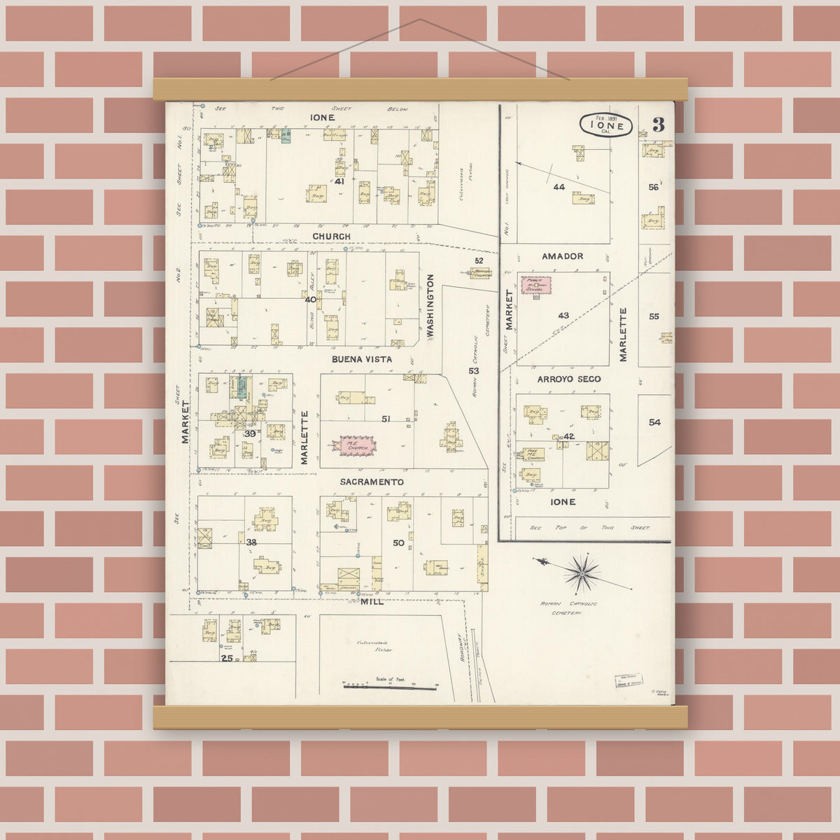 Old map wall art mockup — magnetic wood frame on brick wall — Sanborn Fire Insurance Map from Ione, Amador County, California (1891), Sheet #0003