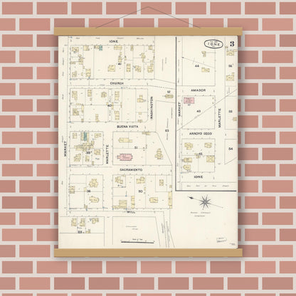 Old map wall art mockup — magnetic wood frame on brick wall — Sanborn Fire Insurance Map from Ione, Amador County, California (1891), Sheet #0003