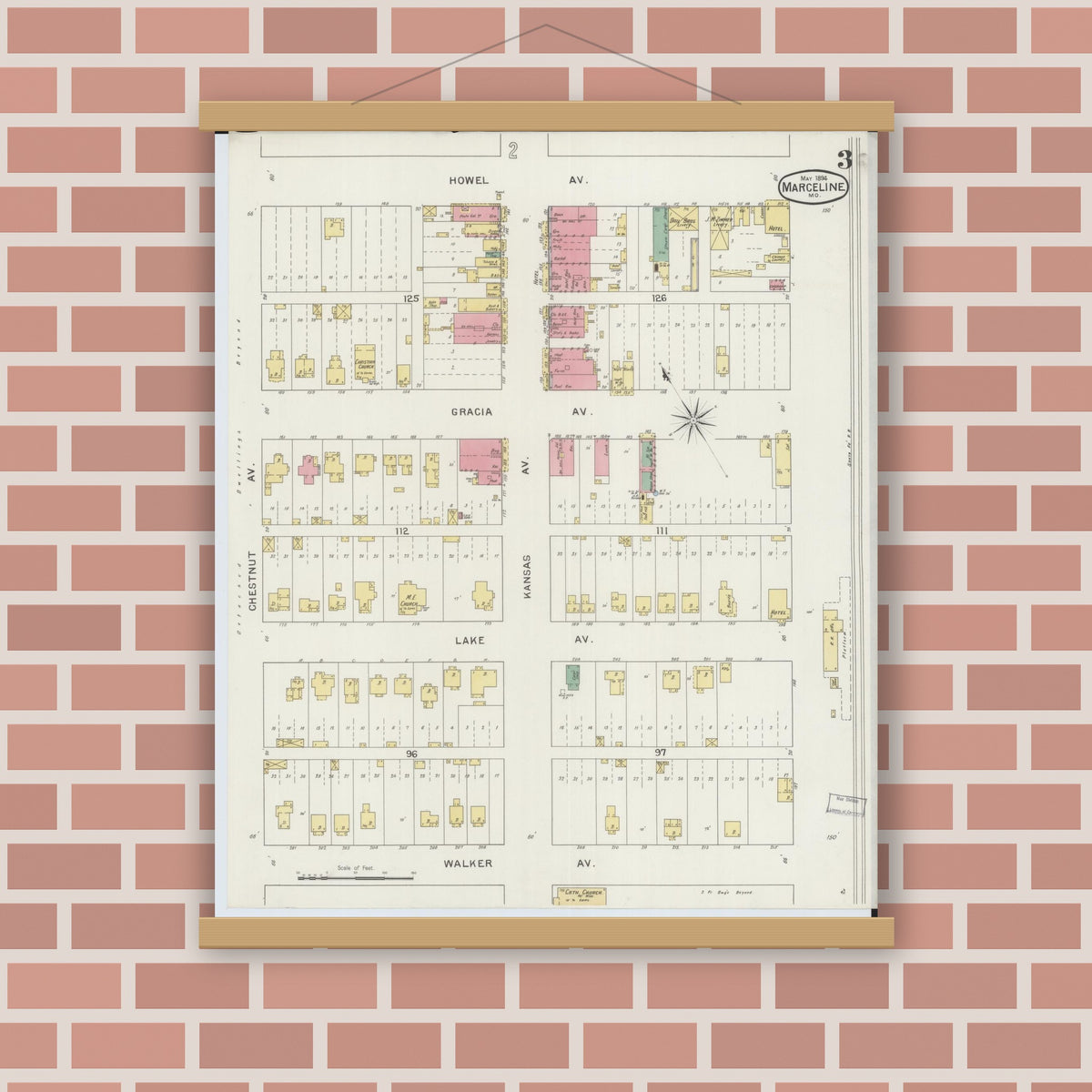 Old map wall art mockup — magnetic wood frame on brick wall — Sanborn Fire Insurance Map from Marceline, Linn County, Missouri (1894), Sheet #0003