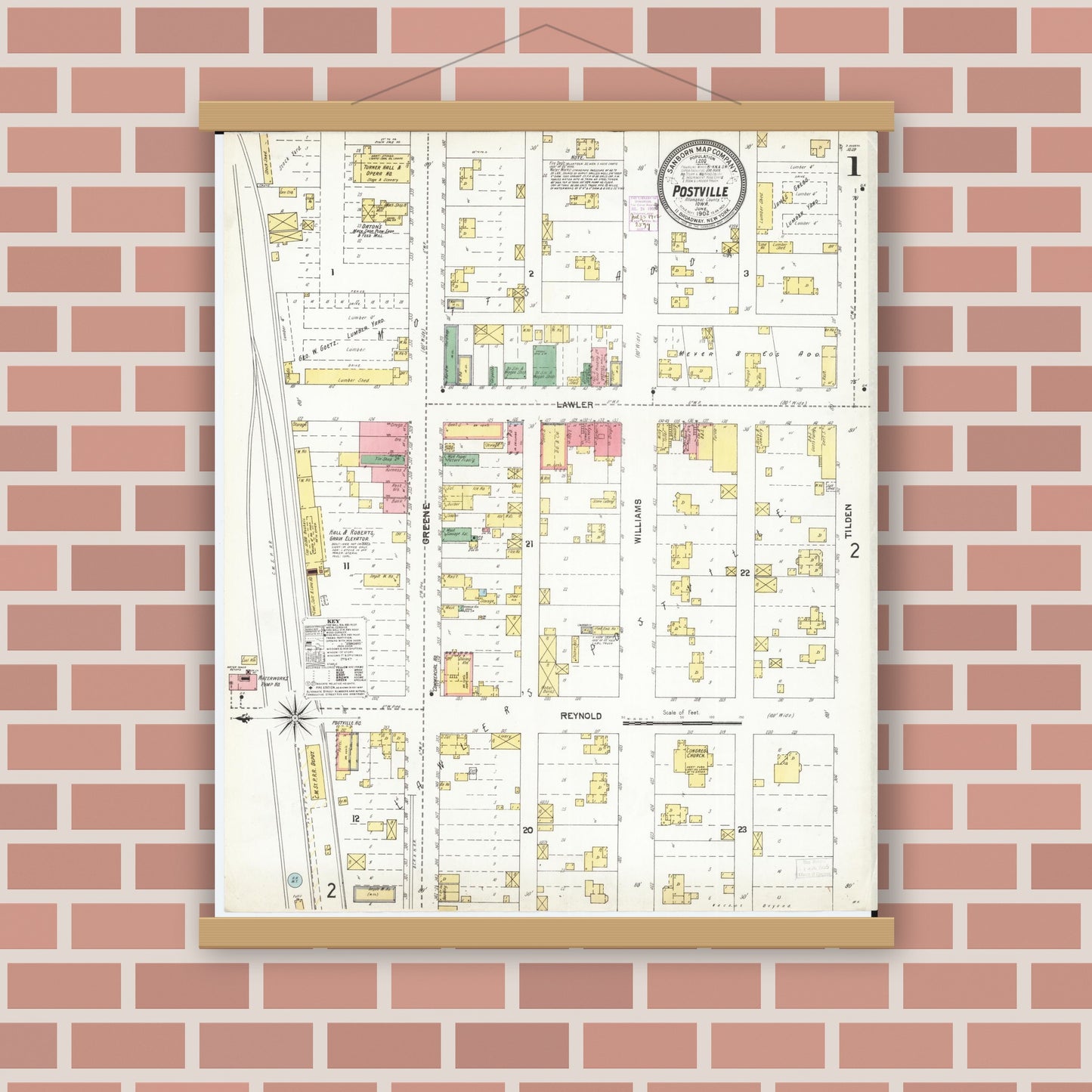 Old map wall art mockup — magnetic wood frame on brick wall — Sanborn Fire Insurance Map from Postville, Allamakee County, Iowa (1902) â€” Complete Set
