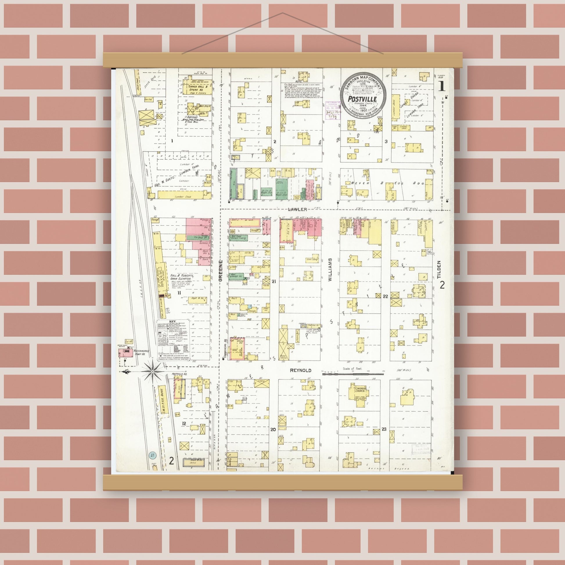 Old map wall art mockup — magnetic wood frame on brick wall — Sanborn Fire Insurance Map from Postville, Allamakee County, Iowa (1902) â€” Complete Set