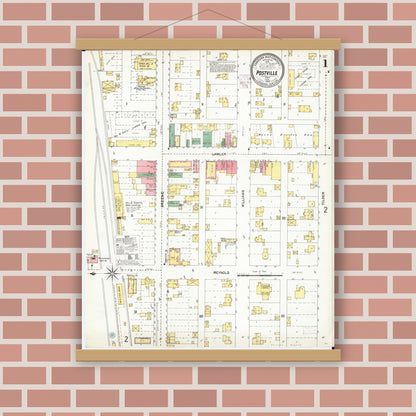 Old map wall art mockup — magnetic wood frame on brick wall — Sanborn Fire Insurance Map from Postville, Allamakee County, Iowa (1902) â€” Complete Set