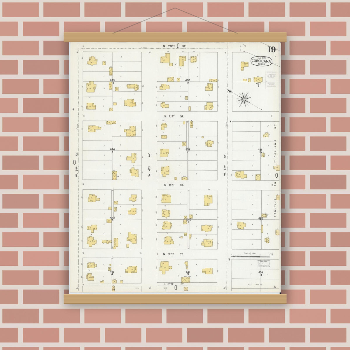 Old map wall art mockup — magnetic wood frame on brick wall — Sanborn Fire Insurance Map from Corsicana, Navarro County, Texas (1900), Sheet #0019