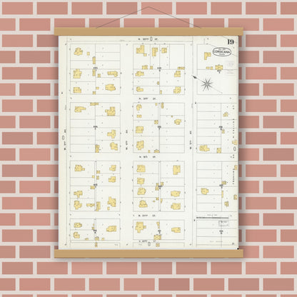 Old map wall art mockup — magnetic wood frame on brick wall — Sanborn Fire Insurance Map from Corsicana, Navarro County, Texas (1900), Sheet #0019