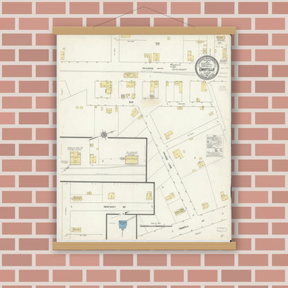 Old map wall art mockup — magnetic wood frame on brick wall — Sanborn Fire Insurance Map from Umatilla, Lake County, Florida (1912), Sheet #0001