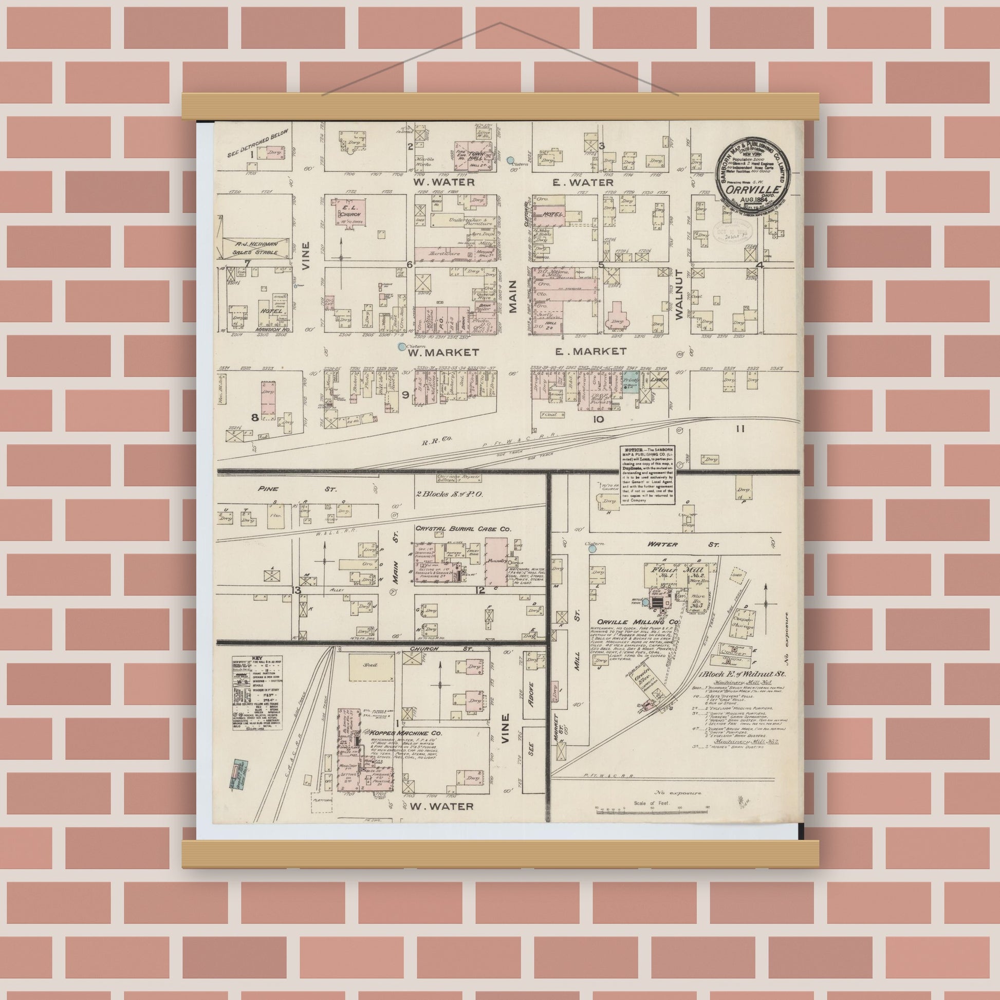 Old map wall art mockup — magnetic wood frame on brick wall — Sanborn Fire Insurance Map from Orrville, Wayne County, Ohio (1884), Sheet #0001