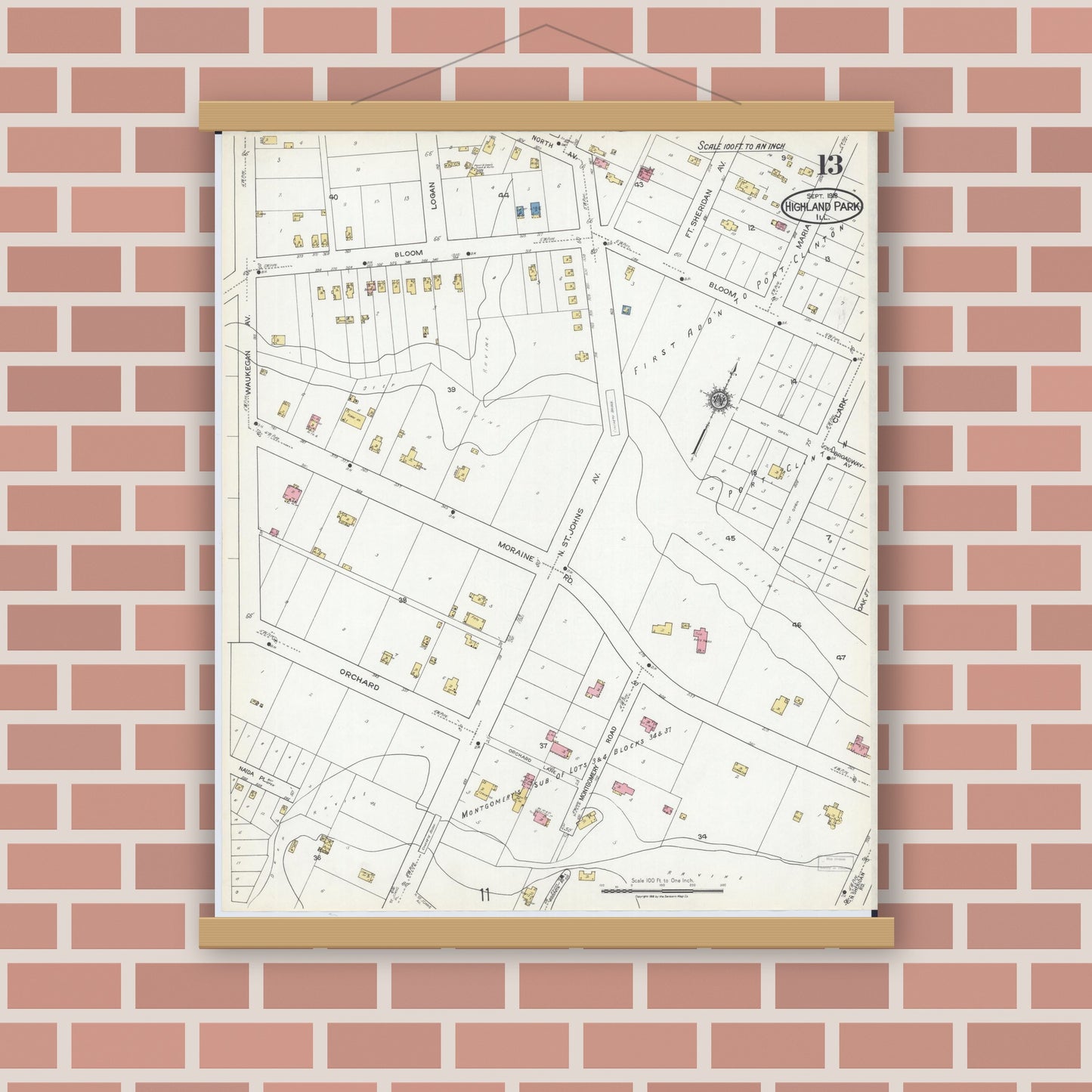 Old map wall art mockup — magnetic wood frame on brick wall — Sanborn Fire Insurance Map from Highland Park, Lake County, Illinois (1918), Sheet #0013