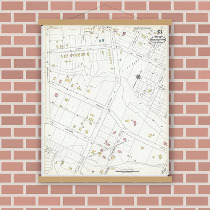 Old map wall art mockup — magnetic wood frame on brick wall — Sanborn Fire Insurance Map from Highland Park, Lake County, Illinois (1918), Sheet #0013