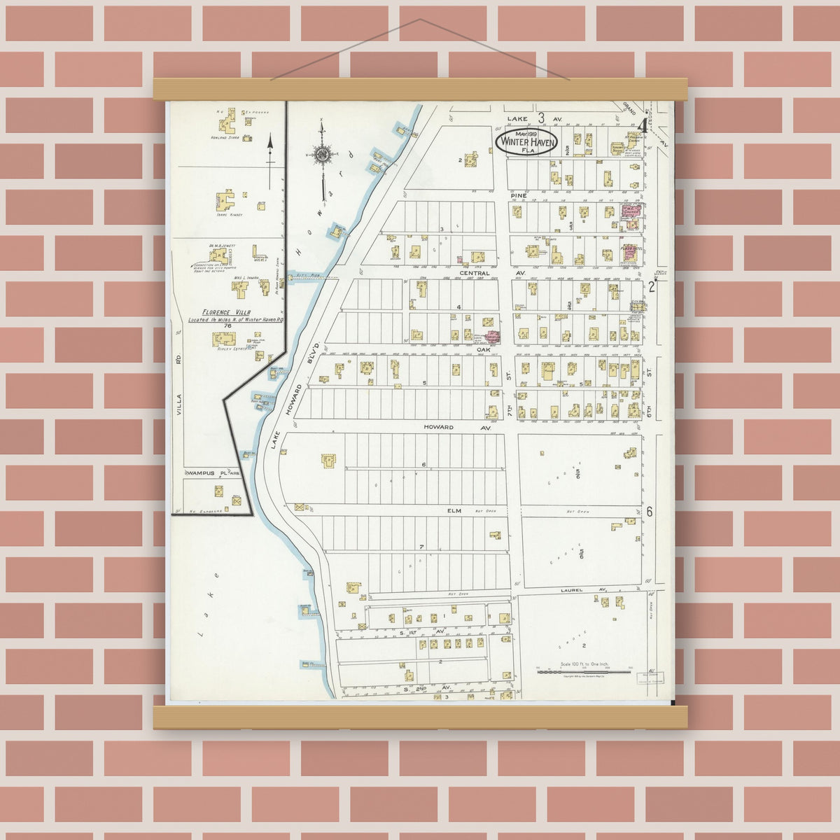 Old map wall art mockup — magnetic wood frame on brick wall — Sanborn Fire Insurance Map from Winter Haven, Polk County, Florida (1919), Sheet #0004