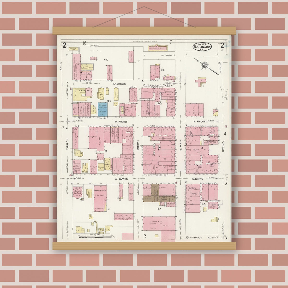 Old map wall art mockup — magnetic wood frame on brick wall — Sanborn Fire Insurance Map from Burlington, Alamance County, North Carolina (1924), Sheet #0002
