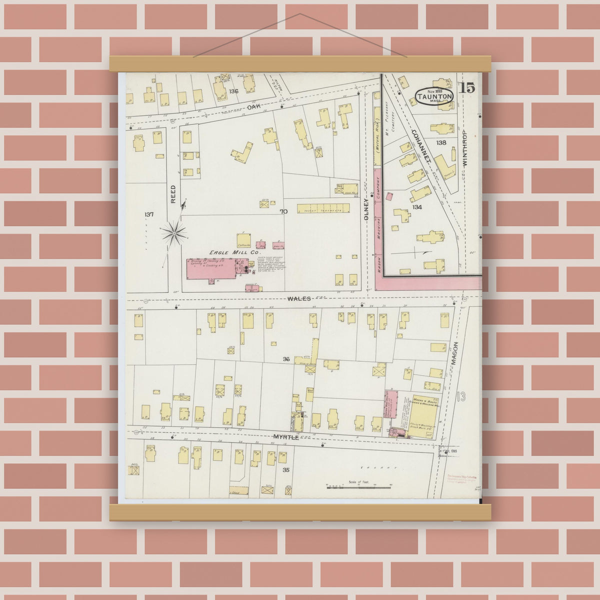 Old map wall art mockup — magnetic wood frame on brick wall — Sanborn Fire Insurance Map from Taunton, Bristol County, Massachusetts (1893), Sheet #0015
