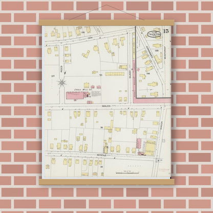 Old map wall art mockup — magnetic wood frame on brick wall — Sanborn Fire Insurance Map from Taunton, Bristol County, Massachusetts (1893), Sheet #0015