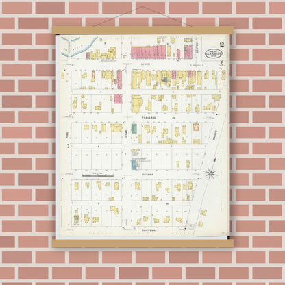 Old map wall art mockup — magnetic wood frame on brick wall — Sanborn Fire Insurance Map from Elk Rapids, Antrim County, Michigan (1907), Sheet #0002