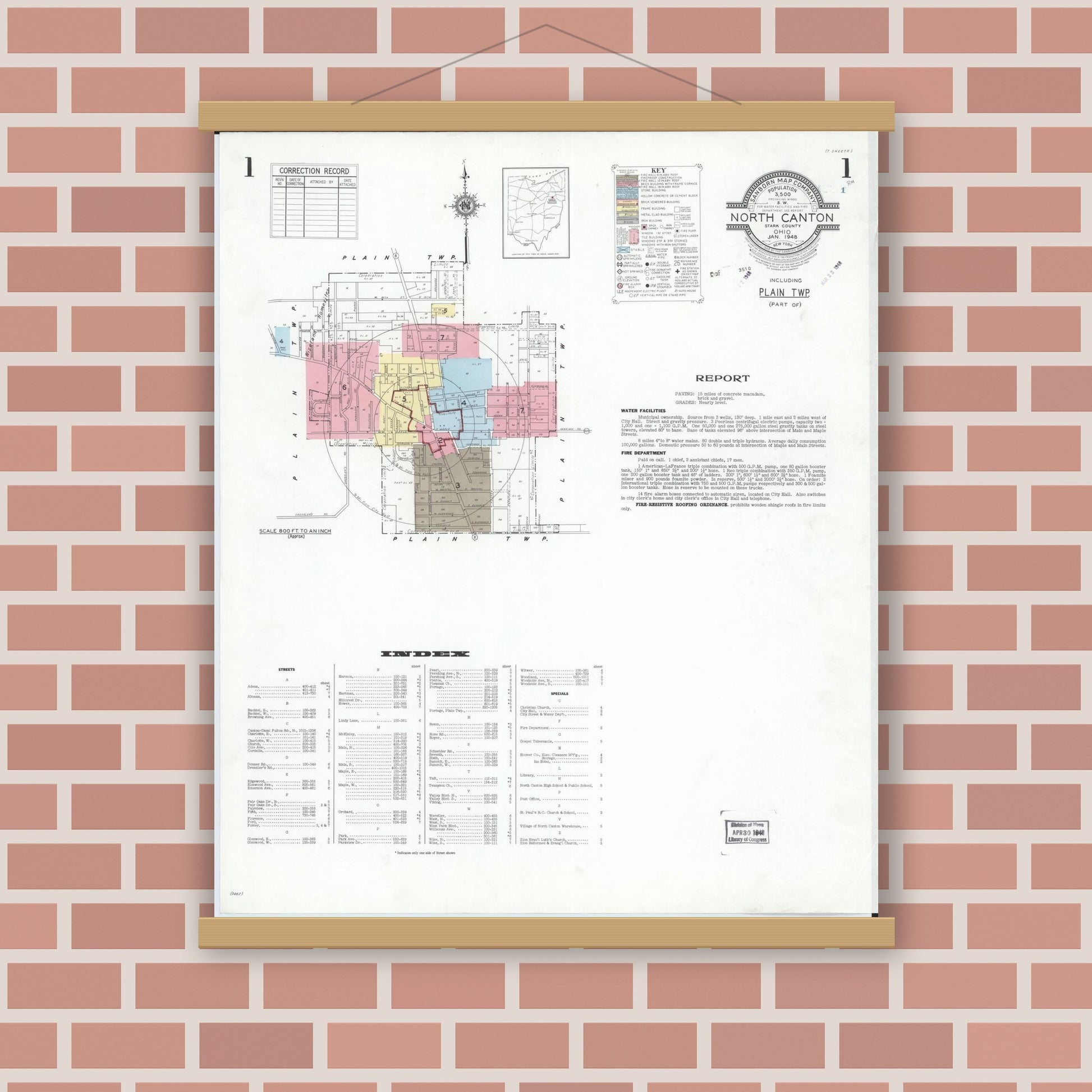 Old map wall art mockup — magnetic wood frame on brick wall — Sanborn Fire Insurance Map from North Canton, Stark County, Ohio (1948), Sheet #0001