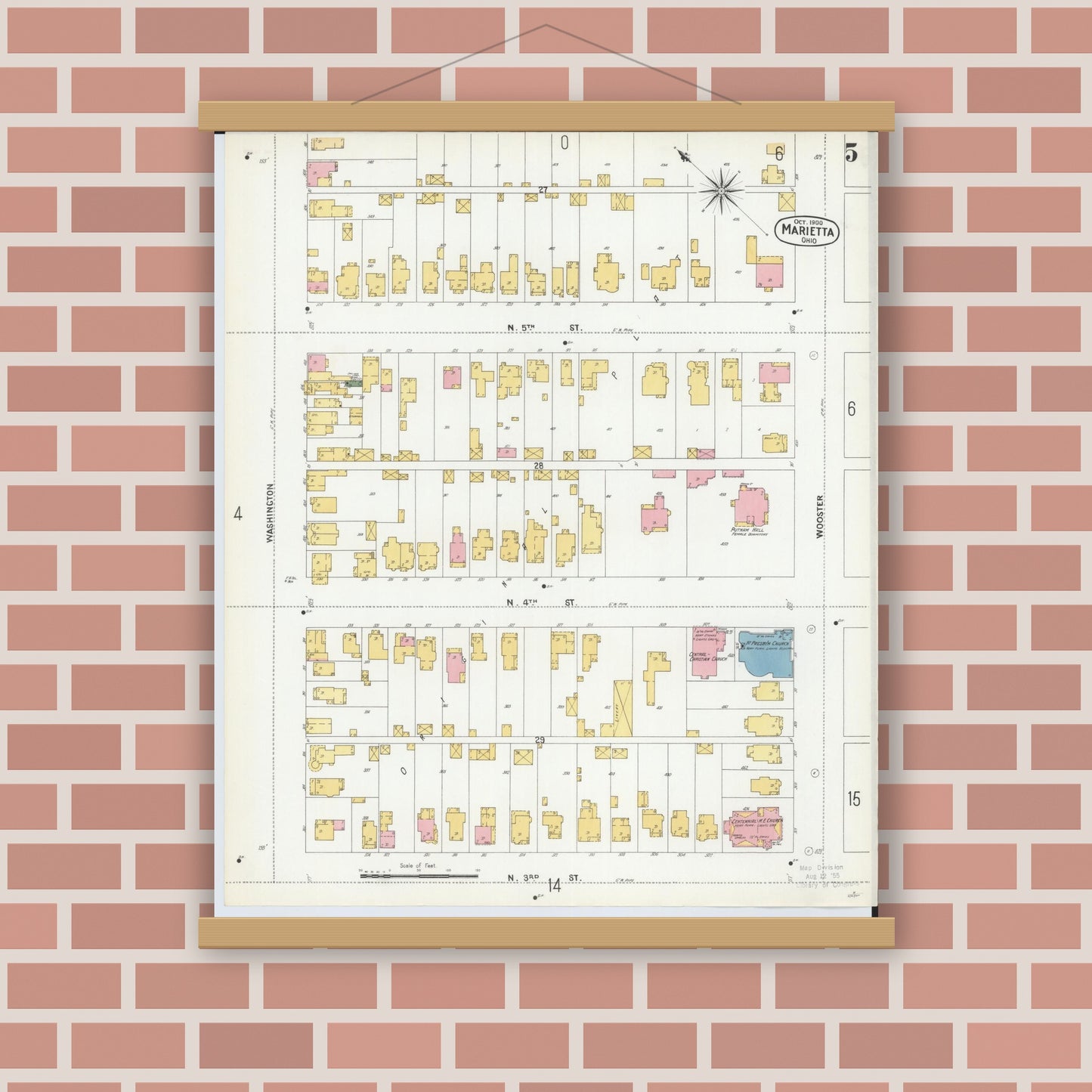 Old map wall art mockup — magnetic wood frame on brick wall — Sanborn Fire Insurance Map from Marietta, Washington County, Ohio (1900), Sheet #0005