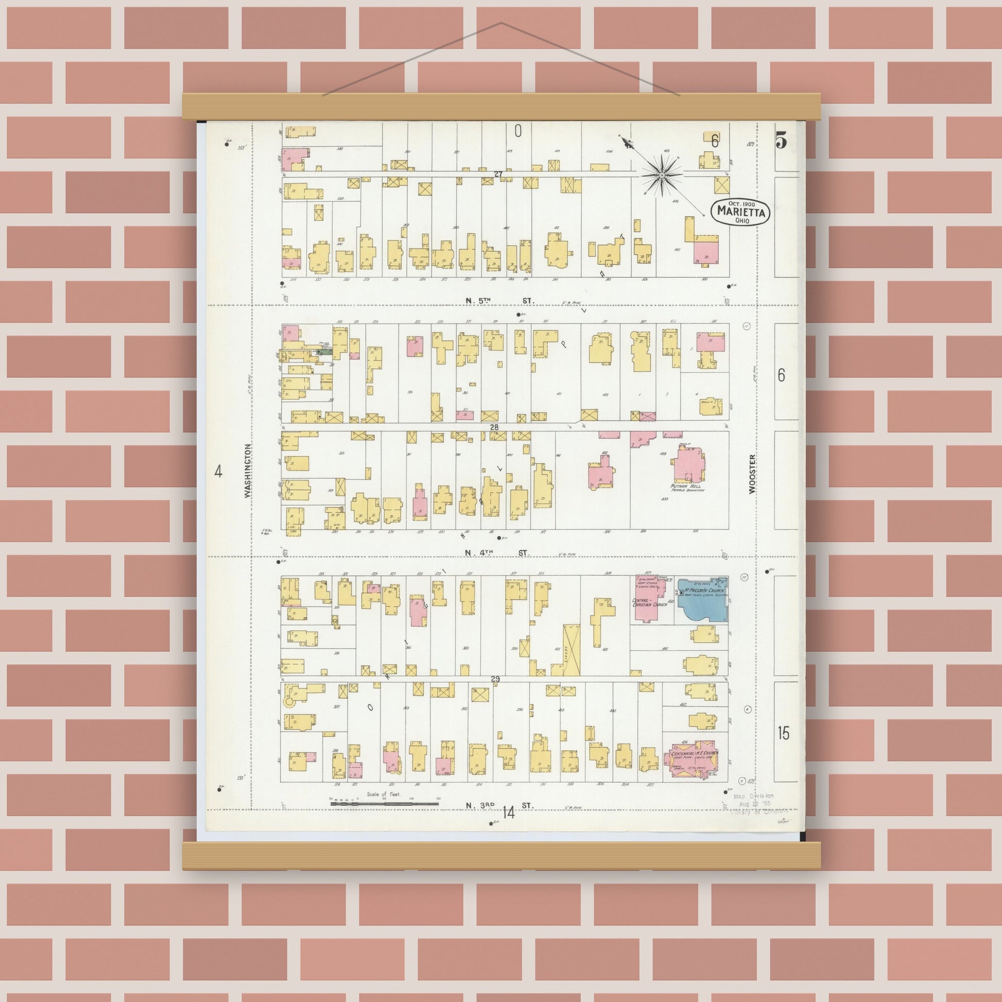 Old map wall art mockup — magnetic wood frame on brick wall — Sanborn Fire Insurance Map from Marietta, Washington County, Ohio (1900), Sheet #0005