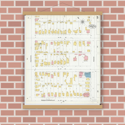 Old map wall art mockup — magnetic wood frame on brick wall — Sanborn Fire Insurance Map from Marietta, Washington County, Ohio (1900), Sheet #0005
