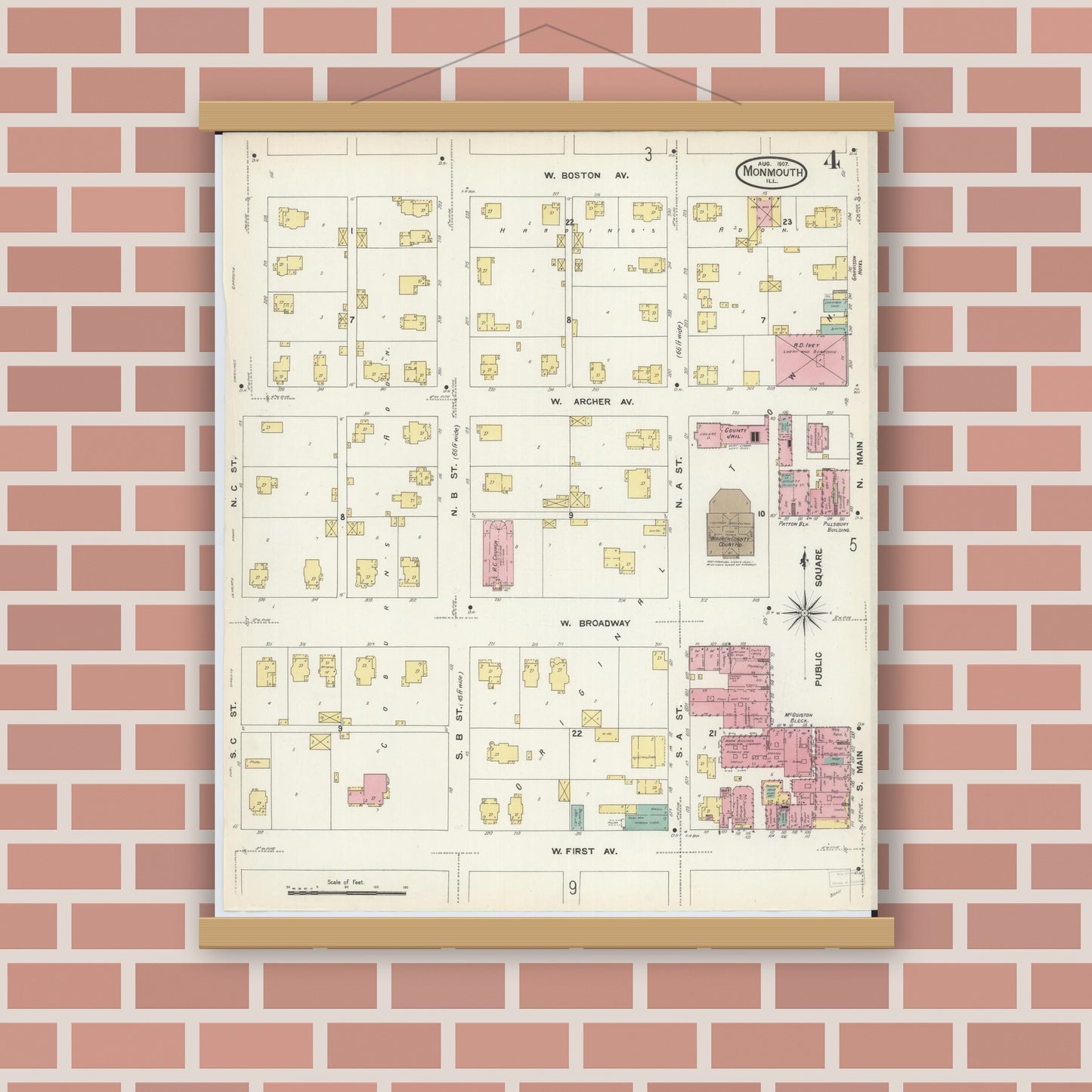 Old map wall art mockup — magnetic wood frame on brick wall — Sanborn Fire Insurance Map from Monmouth, Warren County, Illinois (1907), Sheet #0004