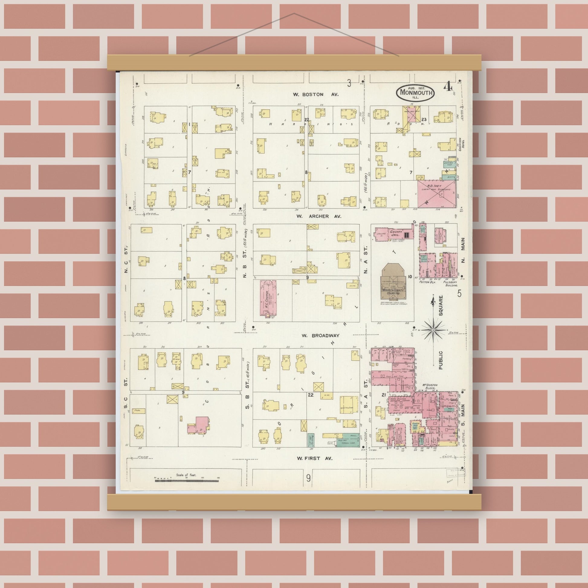 Old map wall art mockup — magnetic wood frame on brick wall — Sanborn Fire Insurance Map from Monmouth, Warren County, Illinois (1907), Sheet #0004