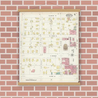 Old map wall art mockup — magnetic wood frame on brick wall — Sanborn Fire Insurance Map from Monmouth, Warren County, Illinois (1907), Sheet #0004