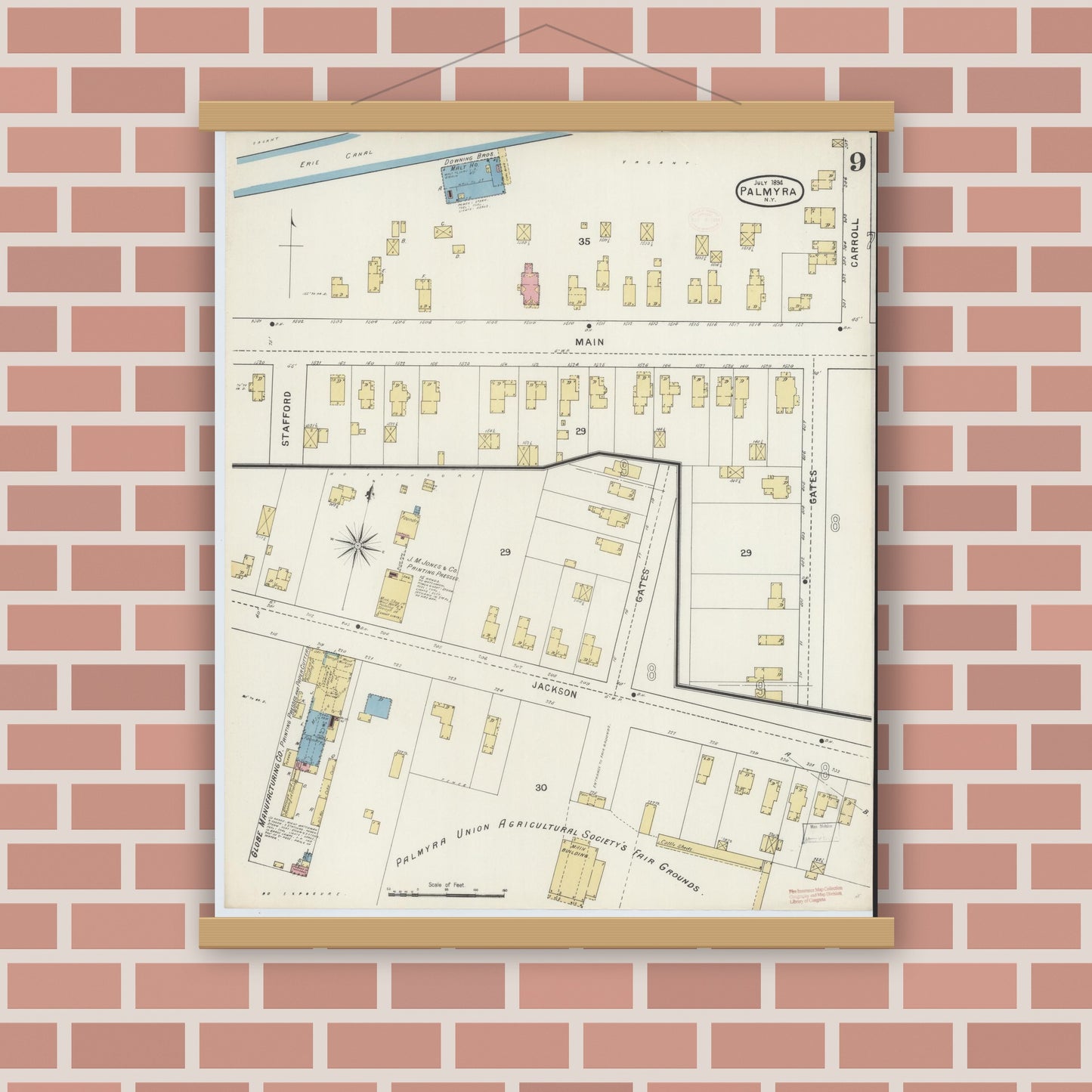 Old map wall art mockup — magnetic wood frame on brick wall — Sanborn Fire Insurance Map from Palmyra, Wayne County, New York (1894), Sheet #0009