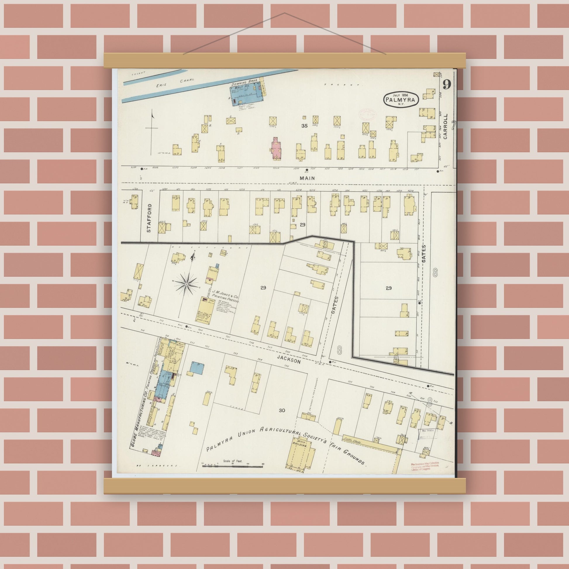 Old map wall art mockup — magnetic wood frame on brick wall — Sanborn Fire Insurance Map from Palmyra, Wayne County, New York (1894), Sheet #0009